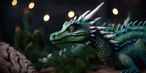 Green wood dragon with Xmas tree on the background. Symbol of the 2024. Banner with copy space