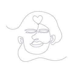 Continuous line art of human face with heart shape symbol, self love concept. Lineart vector illustration.