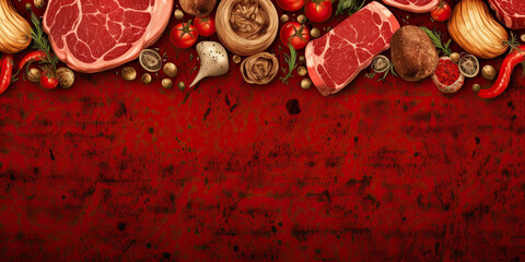 Red raw meat beef steak background cooking banner empty space, generated ai