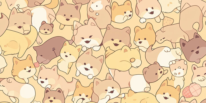 Cute anime cartoon puppies yellow background banner dog illustration, Generated AI