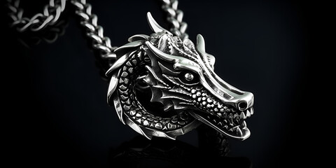 Necklace with dragon on black background. Dragon shaped jewelry