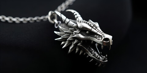 Necklace with dragon on black background. Dragon shaped jewelry. Generated AI