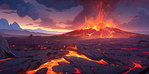 Molten lava illustration cartoon anime style background, Generated AI
