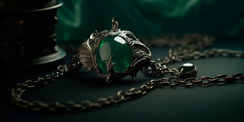 Neckless with dragon motives and emerald on the green background. Copy space. Generated AI