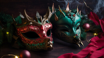 Red and green couple dragon shaped carnival xmas masks