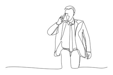 businessman talking through smartphone walking on street. Single line drawing
