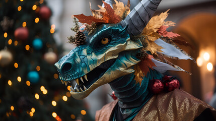 Guy with colorful dragon mask with Xmas tree on the background