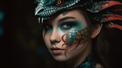 Portrait of the young beautiful woman with dragon motifs make-up in green colors and dragon mask on the head