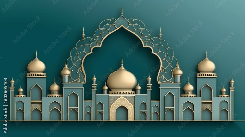 Wall mural mosque dark blue background with copy space. eid mubarak. eid al adha. generated by generative ai