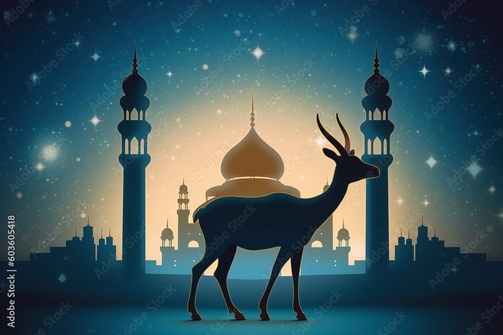 Wall mural eid al adha mubarak bakrid festival with goat and mosque. generated by generative ai