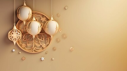 Lamp of Ramadan Kareem, Eid Mubarak, Eid Al Adha. Lantern with soft color background with copy space. Generated by Generative AI