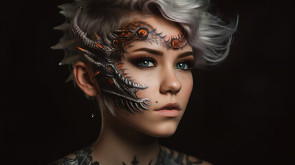 Portrait of the young beautiful woman with short haircut  with dragon motifs make-up