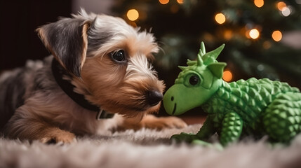 Yorkshire terrier puppy with green dragon toy with xmas three. Banner