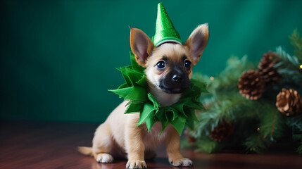 Small cute puppy in the green masquerade suite with xmas tree on the background. Copy space