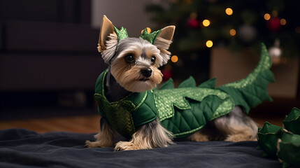 Yorkshire terrier in the green dragon suite with xmas decorations on the background. Pet in the suite. Banner with copy space