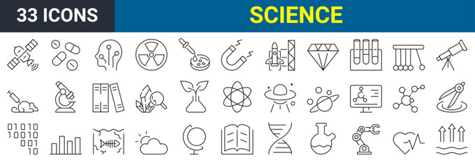 Set of 33 line icons related to science. Outline icons collection. Simple vector illustration. Editable stroke