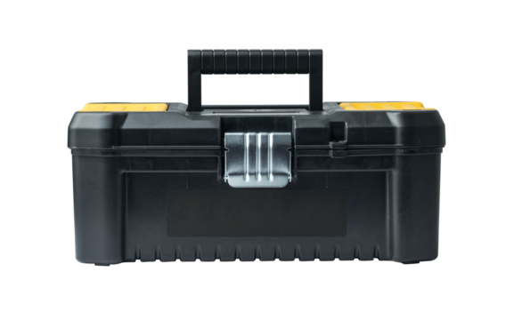 Black plastic tool box with lid closed isolated on white background