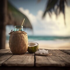 a jar of food and coconut placed on a table outdoors, possibly on a beach. The scene includes elements like ground, coconut, and plant, captured in a still life photography style., Generative AI - obrazy, fototapety, plakaty