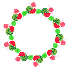 berry frame with watermelon and lollipops