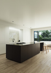 Design 3d visualization of the interior is made in a strict minimalistic style. Large dark kitchen island with large panoramic window and minimalist kitchen cabinets using wood and marble materials.