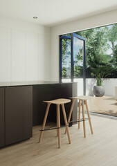 Design 3d visualization of the interior is made in a strict minimalistic style. Large dark kitchen island with large panoramic window and minimalist kitchen cabinets using wood and marble materials.