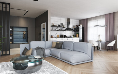 Project of a studio apartment with a modern style. - obrazy, fototapety, plakaty