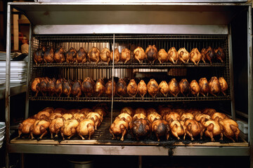 Multiple Chickens That Are Cooked In Metal Rack In An Oven. Generative AI