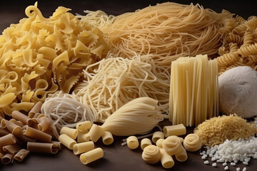 Many Types Of Noodles On The Table, A Mix. Generative AI