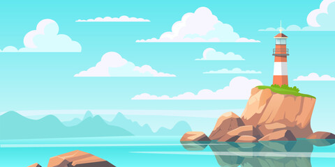 Vector sea landscape with lighthouse. Design template in trendy style navigational and travel concept. Cartoon vector flat style.