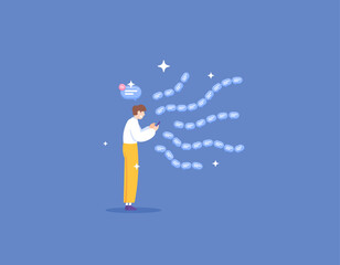 A man doing spam chat. sent a lot of comments. provide a large number of repeated comments. buzzers and spammers. social media and internet. illustration concept design. vector elements. blue