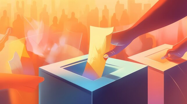 Elections and democracy concept illustration. People casting the vote, hands close-up. Generated with the use of an AI.