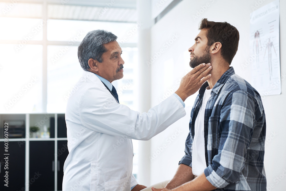 Sticker Healthcare, consultation and doctor checking neck of patient with advice, help and examination. Medicine, health care and Indian man with throat pain in doctors office consulting medical professional