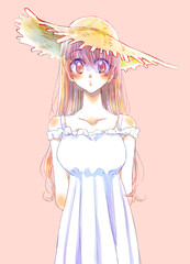 麦わら帽子を被ったロングヘアの女の子　茶髪