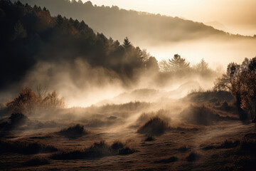 Fototapeta premium Wisps Of Smoke Blend With Fog, Creating An Ethereal Scene. Generative AI