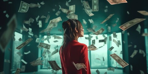 Successful businesswoman in red dress standing in her office, surrounded by falling bank notes. Generated with the use of an AI.