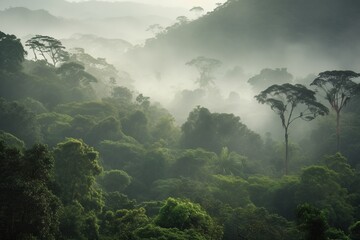 Rainforest landscape with trees and fog - theme conservation, climate change and renewable energy