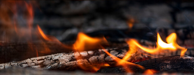 Campfire for cooking in the forest. Burning fire. The fire burns in the forest. Burning fire...