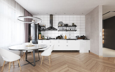 Apartment interior with kitchen.