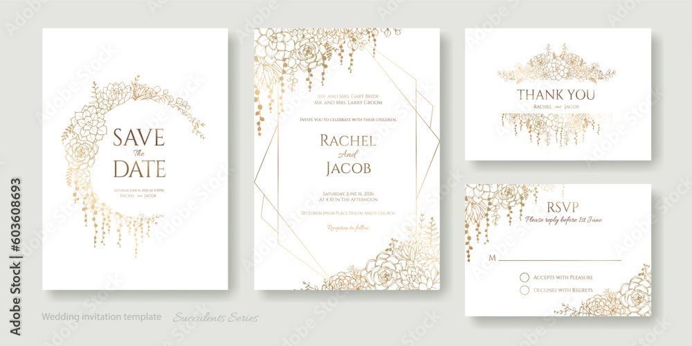 Wall mural Gold Wedding Invitation, save the date, thank you, rsvp card Design template. Succulent flower and leaves.