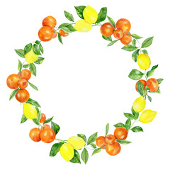 Handpainted watercolor wreath with lemons and oranges