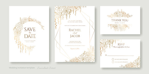 Gold Wedding Invitation, save the date, thank you, rsvp card Design template. Succulent flower and leaves.
