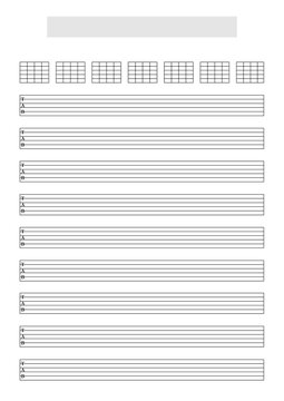 Blank Guitar (6 strings) tablature sheet template to write music. A4 format in portrait mode with a song title and artist name block at the top. It includes chord diagrams charts at the top