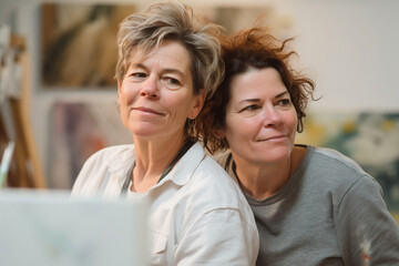 Middle age lesbian couple smiling portrait, relationship and lifestyle, generaitve AI person