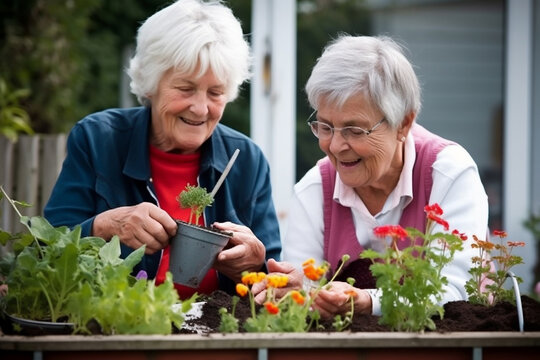 Couple of elderly women gardening at home, lifestyle and relationship. Generative AI