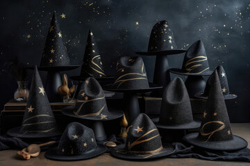 Collection Of Witch Hats In Various Sizes And Styles Against Starry Backdrop. Generative AI