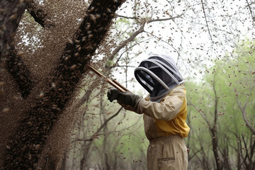 Naklejka premium Beekeeper Attending To Swarm Hanging From Tree Branch. Generative AI