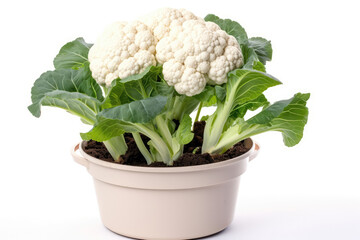 Cauliflower Growing In White Pot On White Background. Generative AI