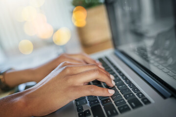 Hands, editor or woman typing on laptop for networking on email or online research project on keyboard. Editing closeup, digital or girl copywriting on blog website, feedback or internet articles