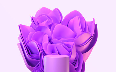 Podium with fuchsia layered fabric folded in shape flower on pink background 3d render. Blank abstract stage, platform with wavy silk cloth for display cosmetic product, mockup banner. 3D illustration