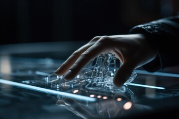 a hand interacting with an AI-powered device, revealing a conceptually advanced interface on the screen.